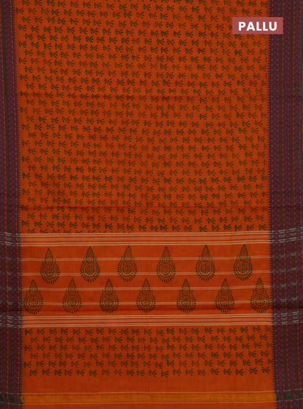 Chettinad cotton saree orange and green with allover prints and thread woven border