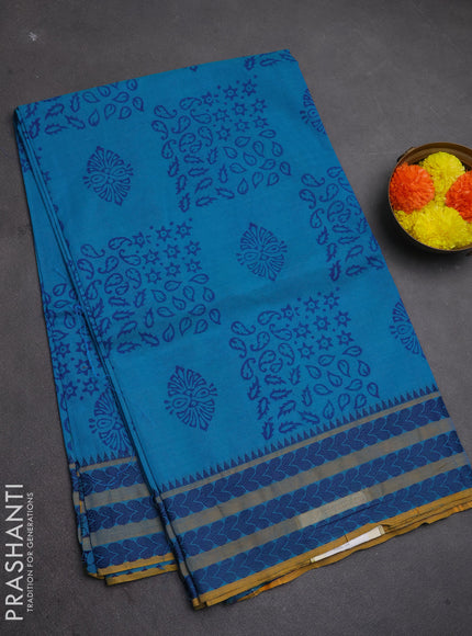 Chettinad cotton saree cs blue and mustard yellow with allover butta prints and thread woven border