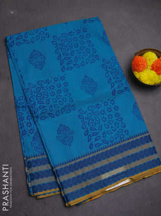 Chettinad cotton saree cs blue and mustard yellow with allover butta prints and thread woven border