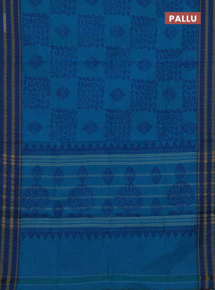 Chettinad cotton saree cs blue and mustard yellow with allover butta prints and thread woven border