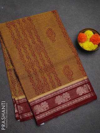 Chettinad cotton saree mehendi green and deep maroon with allover butta prints and thread woven border