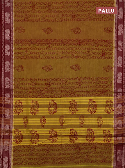 Chettinad cotton saree mehendi green and deep maroon with allover butta prints and thread woven border
