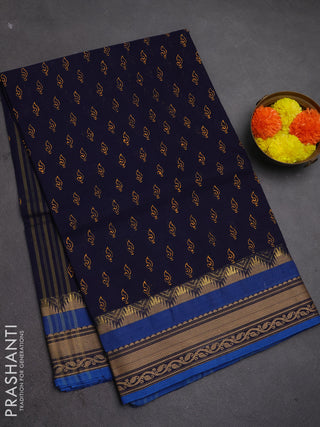 Chettinad cotton saree navy blue and blue with allover butta prints and thread & zari woven border