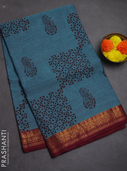 Chettinad cotton saree blue and maroon with allover butta prints and zari woven border
