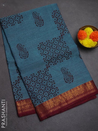 Chettinad cotton saree blue and maroon with allover butta prints and zari woven border