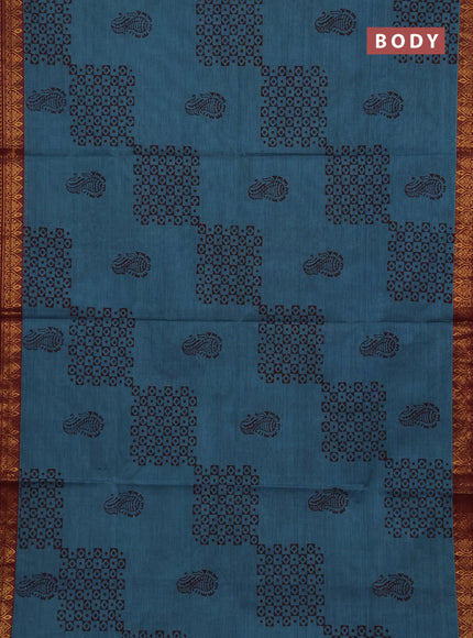 Chettinad cotton saree blue and maroon with allover butta prints and zari woven border