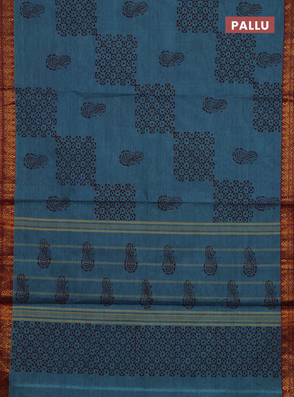 Chettinad cotton saree blue and maroon with allover butta prints and zari woven border
