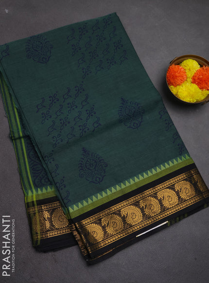Chettinad cotton saree bluish green and black with butta prints and zari woven border
