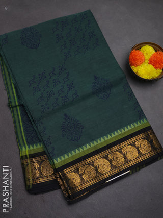 Chettinad cotton saree bluish green and black with butta prints and zari woven border