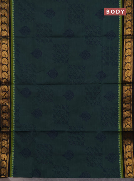 Chettinad cotton saree bluish green and black with butta prints and zari woven border