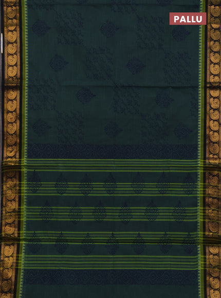 Chettinad cotton saree bluish green and black with butta prints and zari woven border