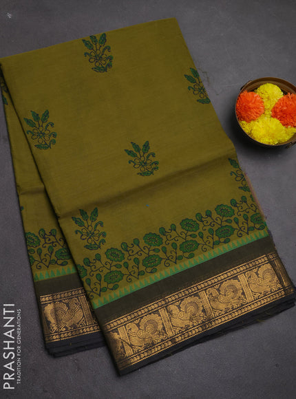 Chettinad cotton saree mehendi green and navy blue with butta prints and zari woven border