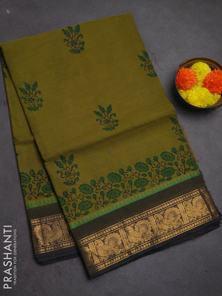 Chettinad cotton saree mehendi green and navy blue with butta prints and zari woven border