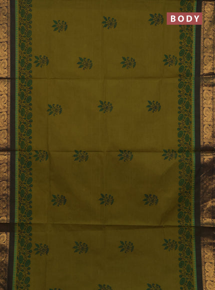 Chettinad cotton saree mehendi green and navy blue with butta prints and zari woven border
