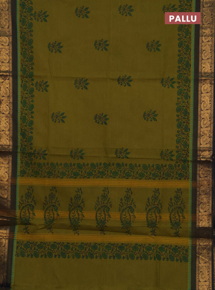 Chettinad cotton saree mehendi green and navy blue with butta prints and zari woven border