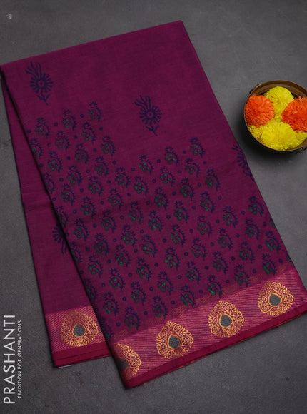 Chettinad cotton saree magenta pink with allover prints and zari woven border