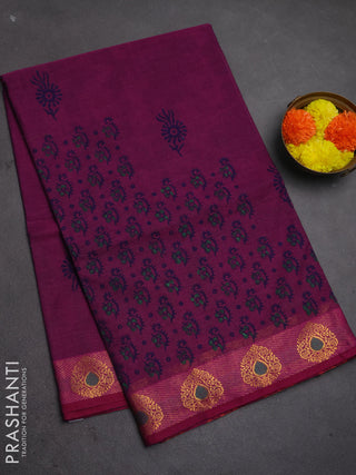 Chettinad cotton saree magenta pink with allover prints and zari woven border