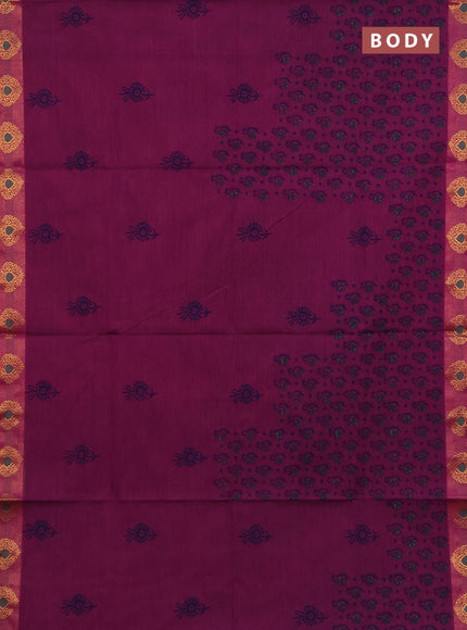 Chettinad cotton saree magenta pink with allover prints and zari woven border