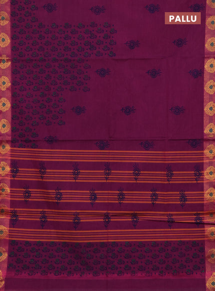 Chettinad cotton saree magenta pink with allover prints and zari woven border