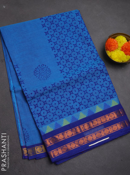Chettinad cotton saree cs blue and blue with allover prints and copper zari woven border