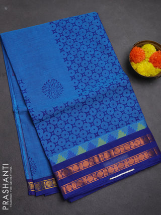 Chettinad cotton saree cs blue and blue with allover prints and copper zari woven border