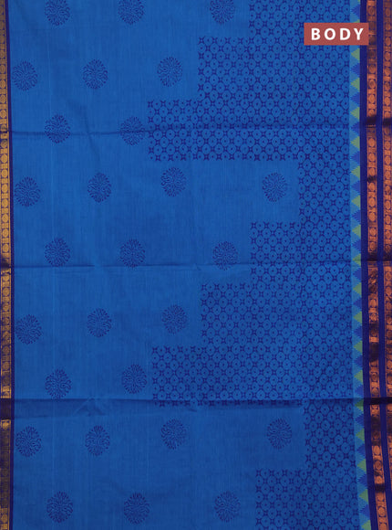 Chettinad cotton saree cs blue and blue with allover prints and copper zari woven border