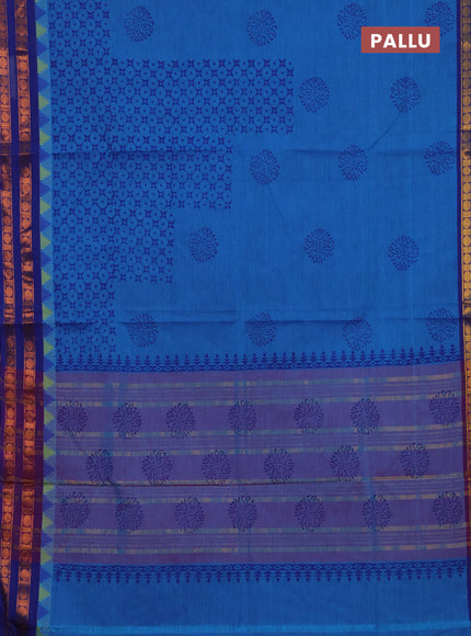 Chettinad cotton saree cs blue and blue with allover prints and copper zari woven border