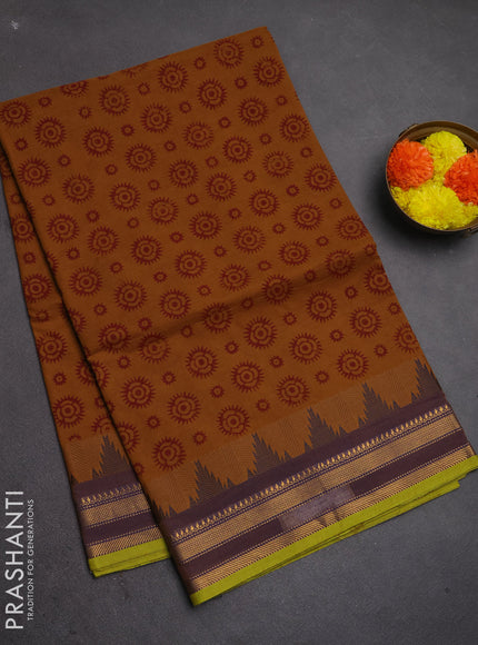 Chettinad cotton saree dark mustard and light green with allover butta prints and temple design zari woven border