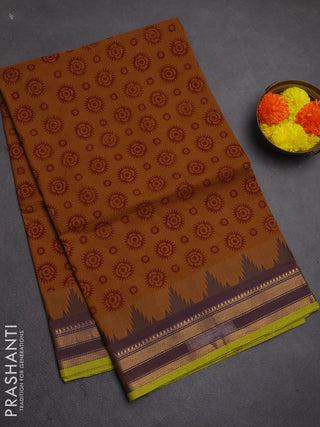 Chettinad cotton saree dark mustard and light green with allover butta prints and temple design zari woven border