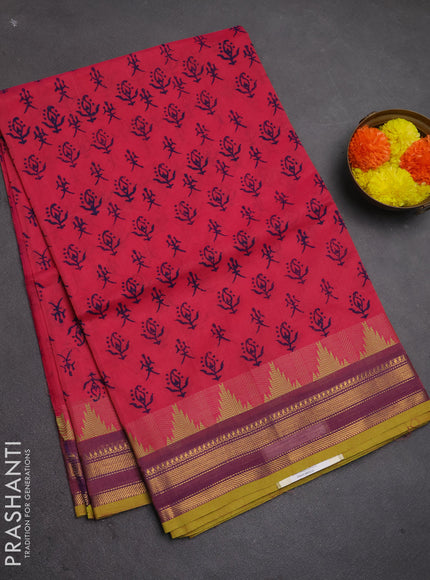 Chettinad cotton saree pink and purple with allover butta prints and temple design zari woven border