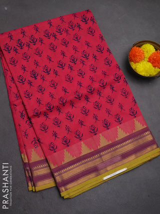 Chettinad cotton saree pink and purple with allover butta prints and temple design zari woven border