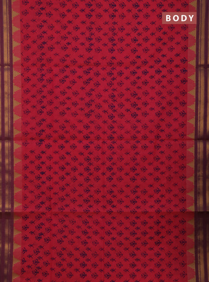 Chettinad cotton saree pink and purple with allover butta prints and temple design zari woven border