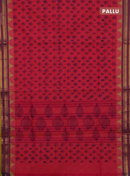 Chettinad cotton saree pink and purple with allover butta prints and temple design zari woven border