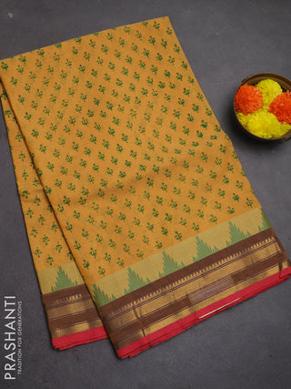 Chettinad cotton saree mustard yellow and red with allover butta prints and temple design zari woven border