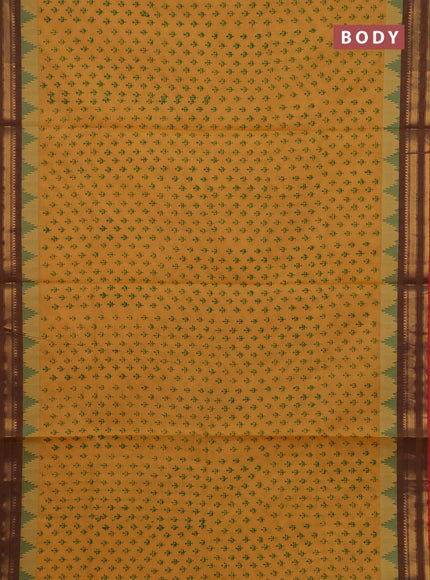 Chettinad cotton saree mustard yellow and red with allover butta prints and temple design zari woven border