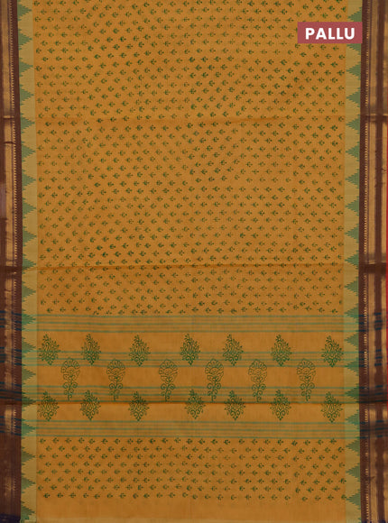 Chettinad cotton saree mustard yellow and red with allover butta prints and temple design zari woven border