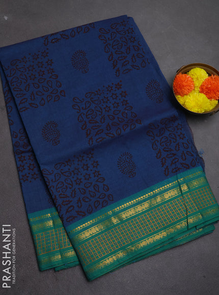 Chettinad cotton saree peacock blue and teal green with allover butta prints and thread & zari woven border
