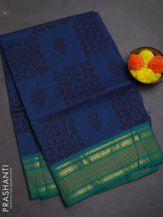 Chettinad cotton saree peacock blue and teal green with allover butta prints and thread & zari woven border