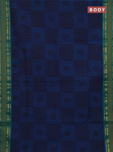 Chettinad cotton saree peacock blue and teal green with allover butta prints and thread & zari woven border