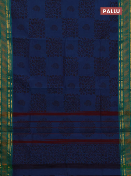 Chettinad cotton saree peacock blue and teal green with allover butta prints and thread & zari woven border
