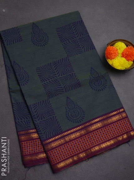 Chettinad cotton saree dual shade of blue and magenta pink with allover butta prints and thread & zari woven border