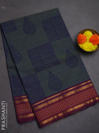 Chettinad cotton saree dual shade of blue and magenta pink with allover butta prints and thread & zari woven border