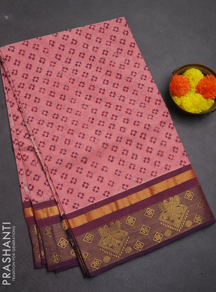 Chettinad cotton saree peach pink and magenta pink with allover butta prints and zari woven border