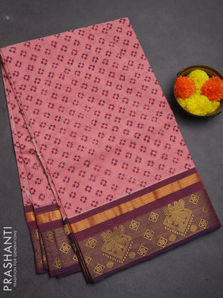 Chettinad cotton saree peach pink and magenta pink with allover butta prints and zari woven border