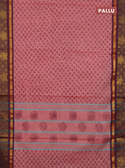 Chettinad cotton saree peach pink and magenta pink with allover butta prints and zari woven border
