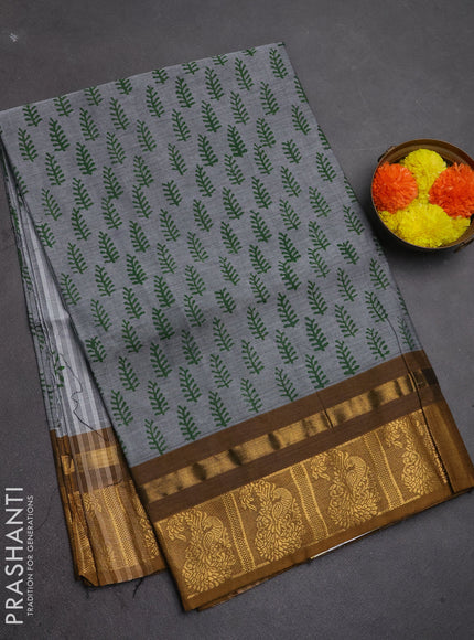 Chettinad cotton saree grey and mustard yellow with allover butta prints and zari woven border