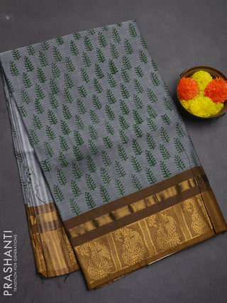 Chettinad cotton saree grey and mustard yellow with allover butta prints and zari woven border