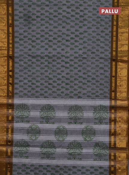 Chettinad cotton saree grey and mustard yellow with allover butta prints and zari woven border