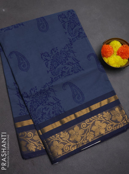 Chettinad cotton saree grey with allover prints and zari woven border
