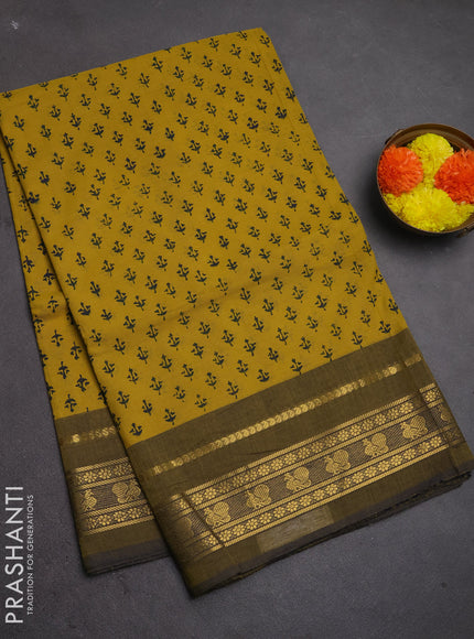 Chettinad cotton saree mustard yellow and navy blue with allover butta prints and zari woven border